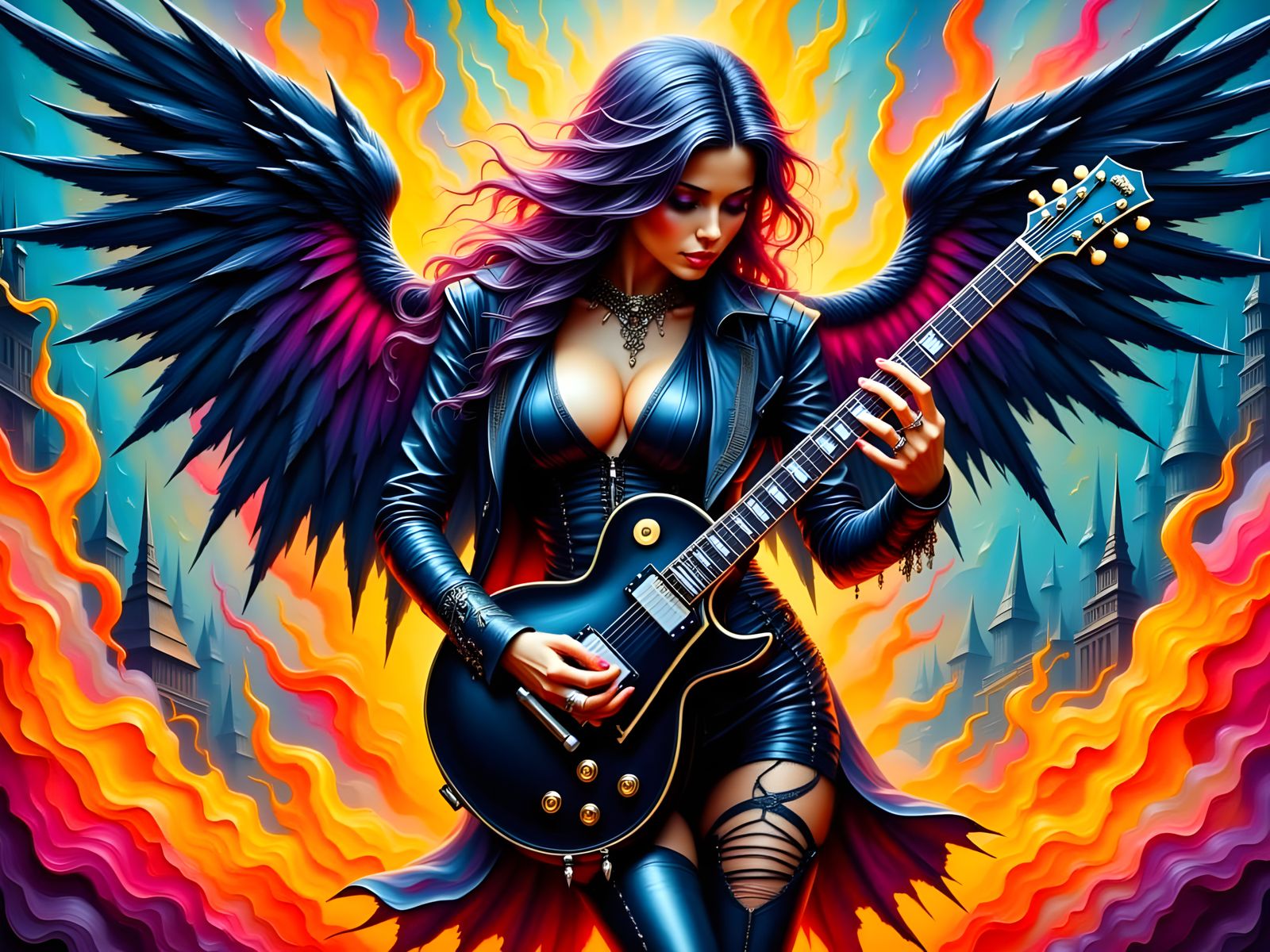 Winged Guitarist in Graffiti Airbrush Street Art