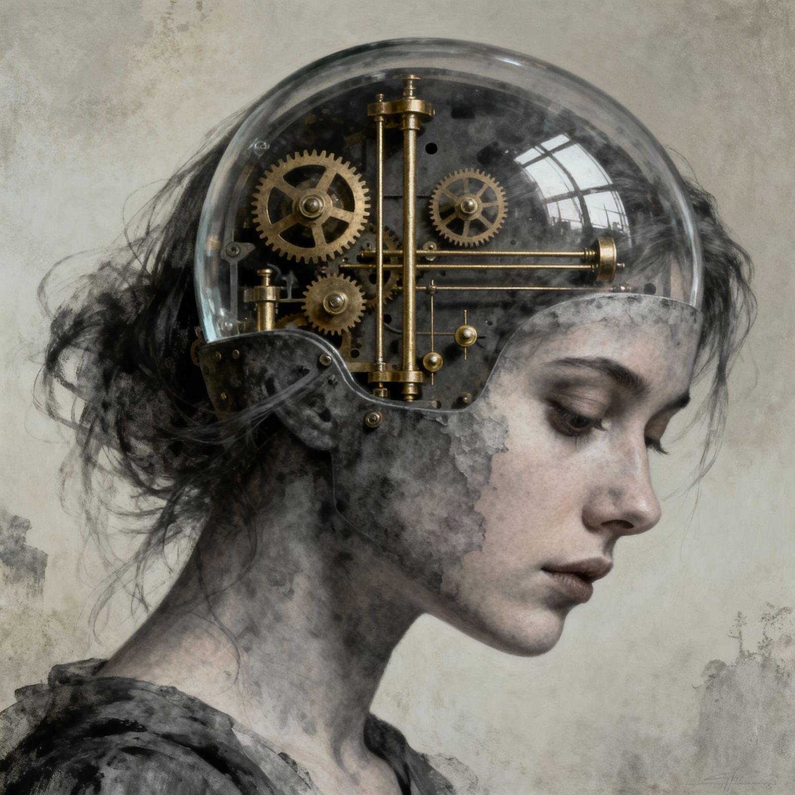 Steampunk Woman Portrait with Mechanical Inner Head