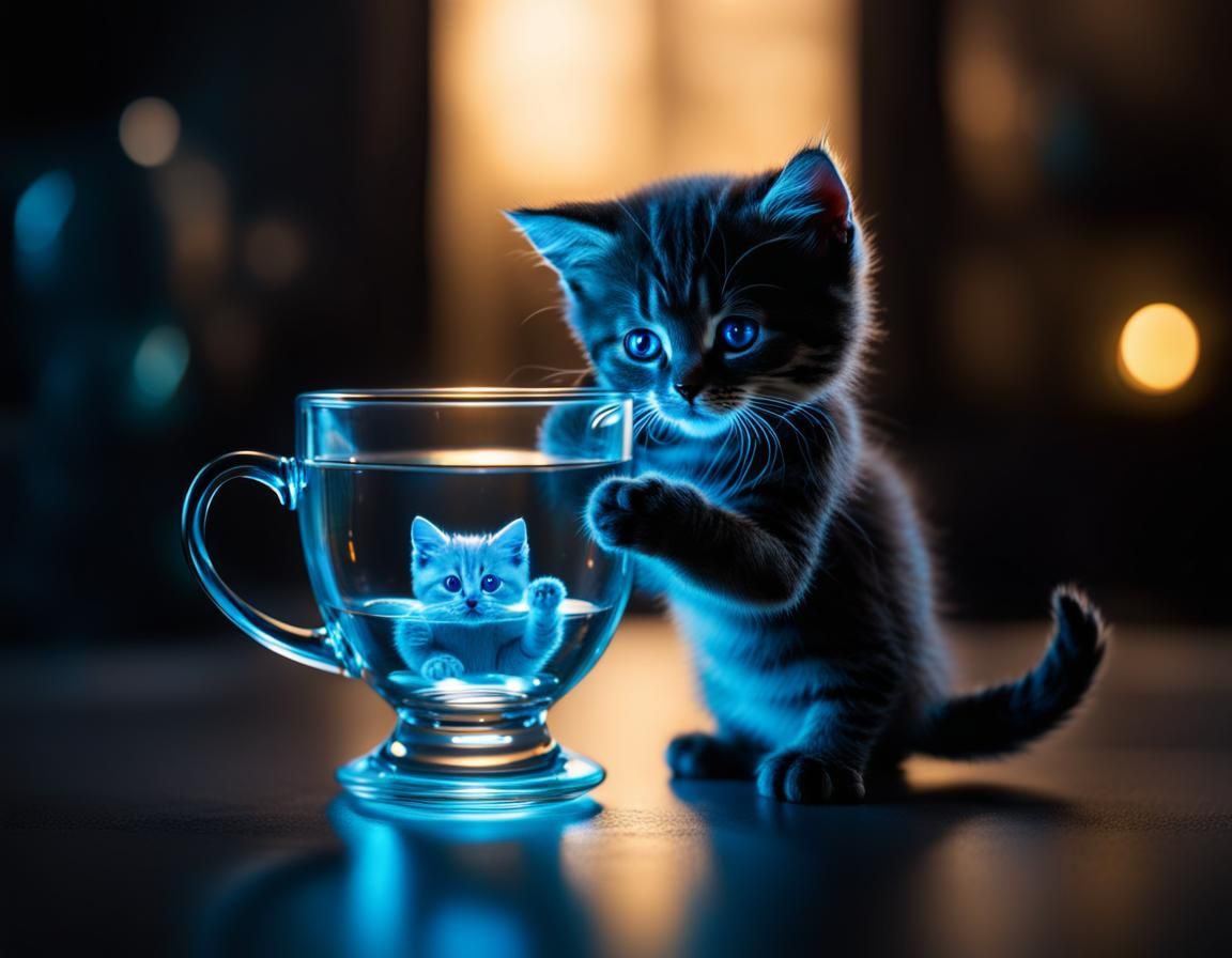 Kitten Playing in Hologram Teacup