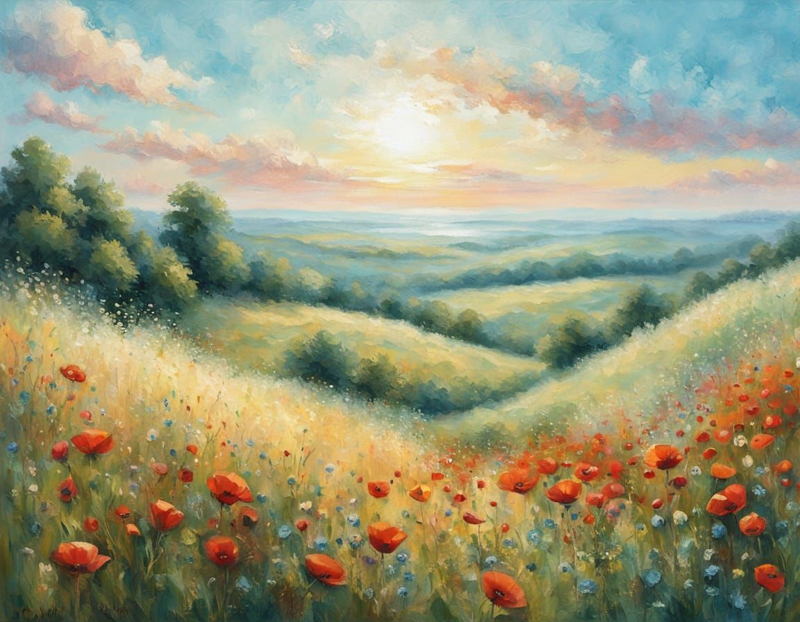 Gentle Hillside Poppies in Seurat Style