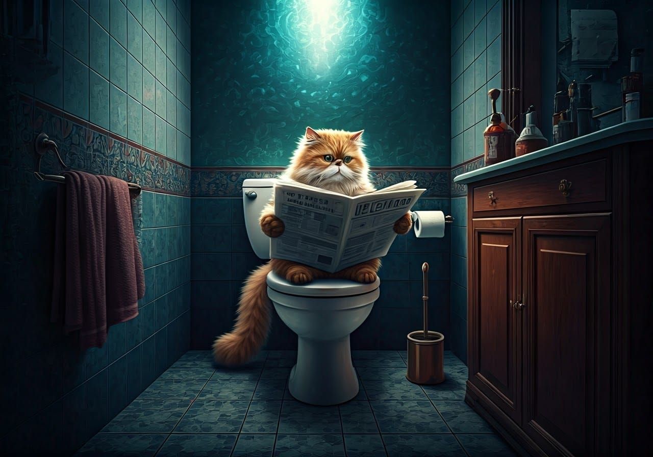 Persian Cat Reading Newspaper on Toilet