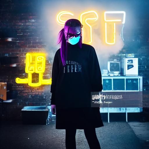 Goth Model in Neon-lit Coffee Shop