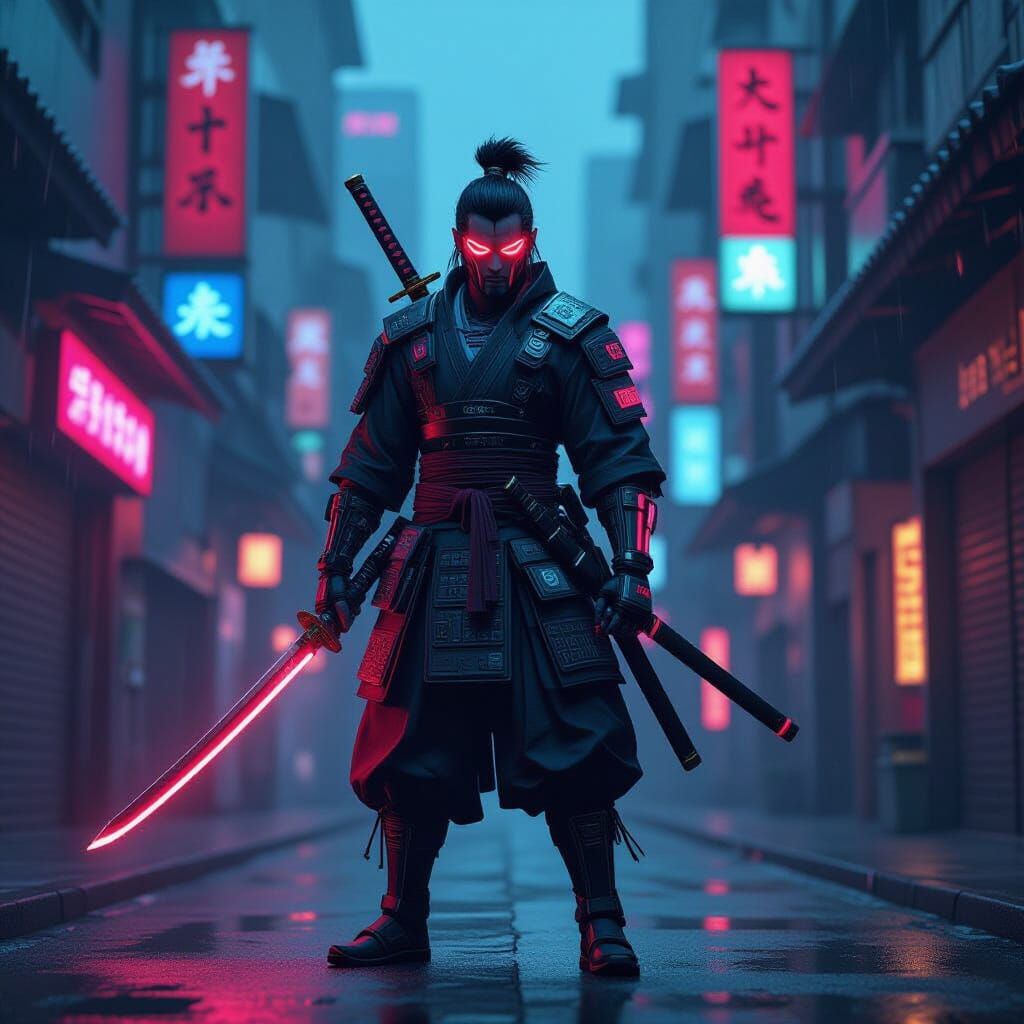 Cyberpunk Samurai in Neon Alleyway