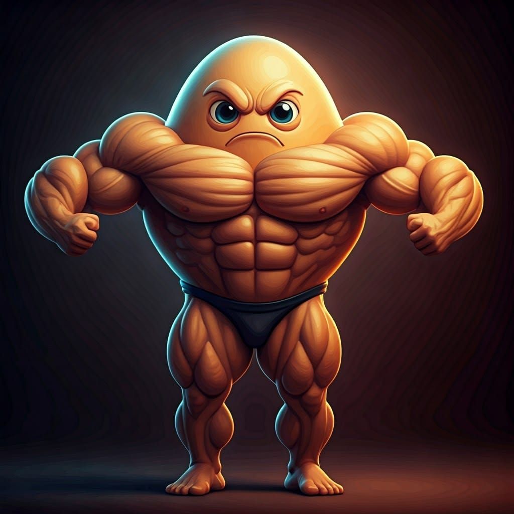 Muscular Egg Bodybuilder in Hyperrealistic 3D Style