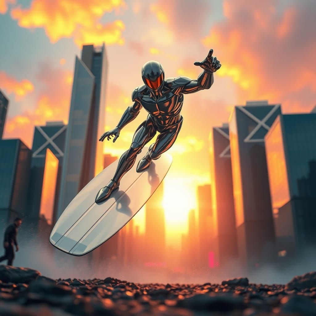 Silver Surfer Soaring Through Futuristic Cityscape
