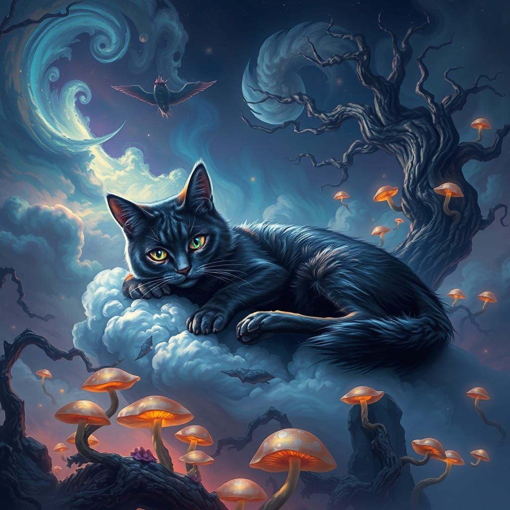 Whimsical Cat Surrounded by Dreamy Landscapes in Surreal Art