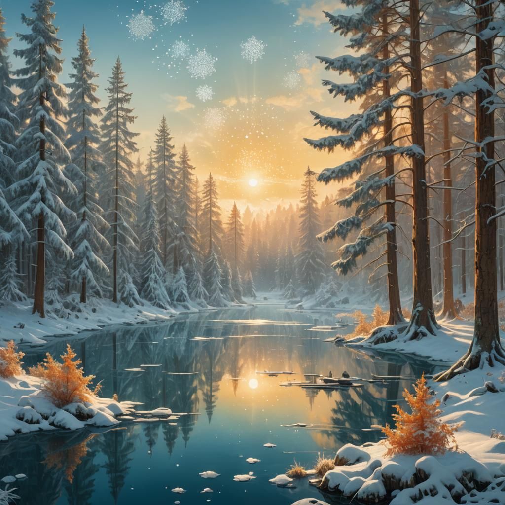 Tranquil Snowy Lake in Winter Wonderland