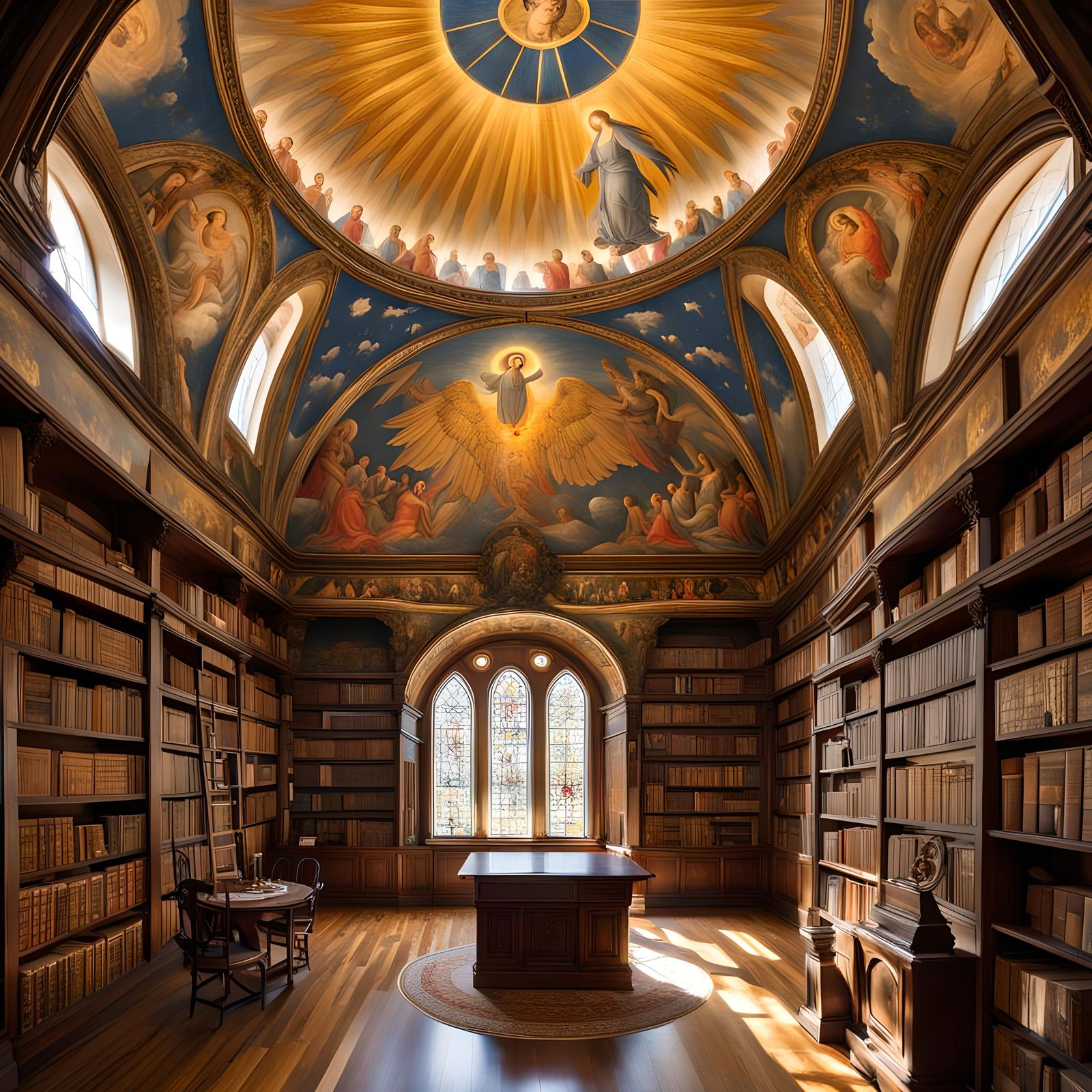 Majestic Library with Biblical Ceiling Art