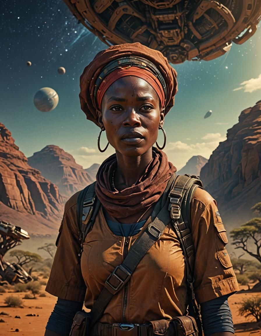 An African woman adventurer on an alien world.
