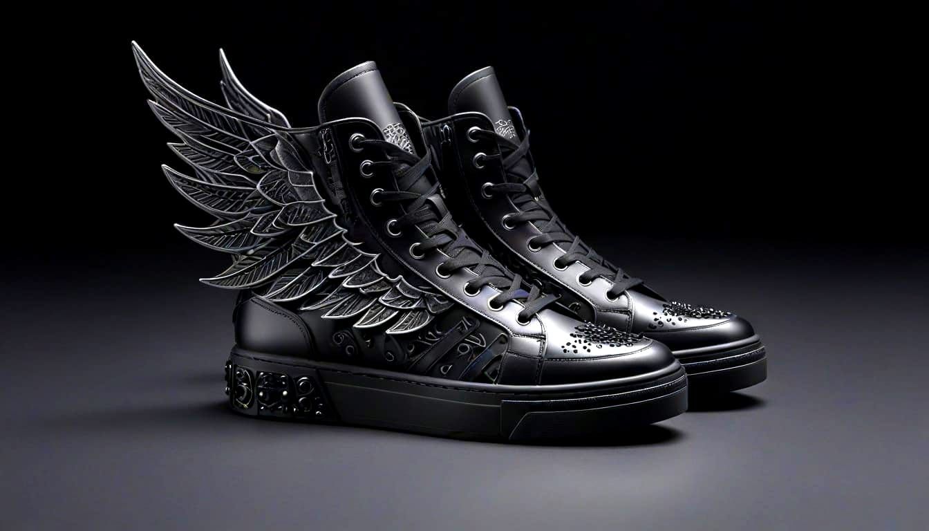 Gothic High-Top Sneakers with Wings in Dark Fantasy Style