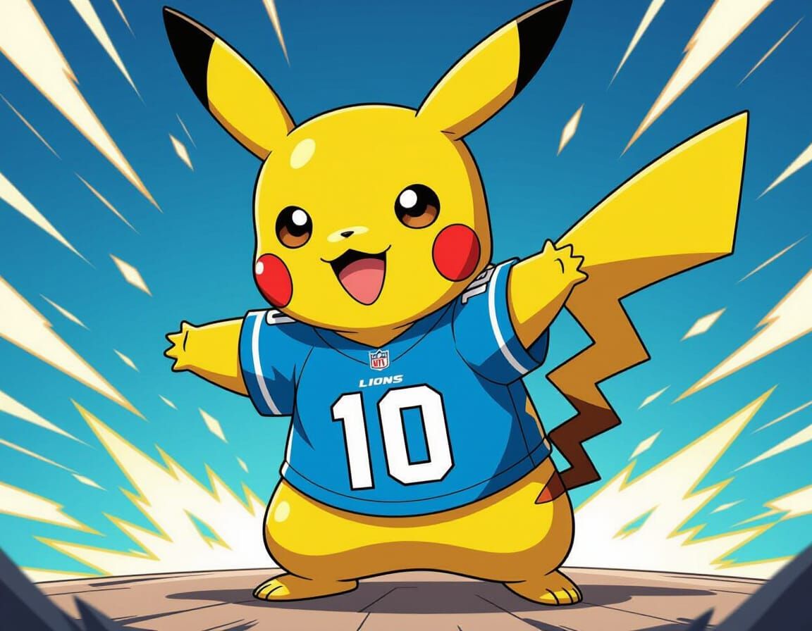 Pikachu in Detroit Lions Jersey Anime Style