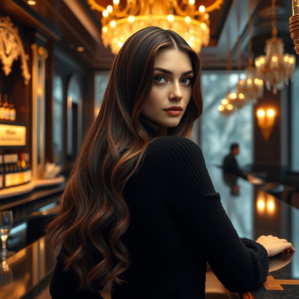 Luxurious Woman in Black Sweaterdress at Ornate Restaurant B...