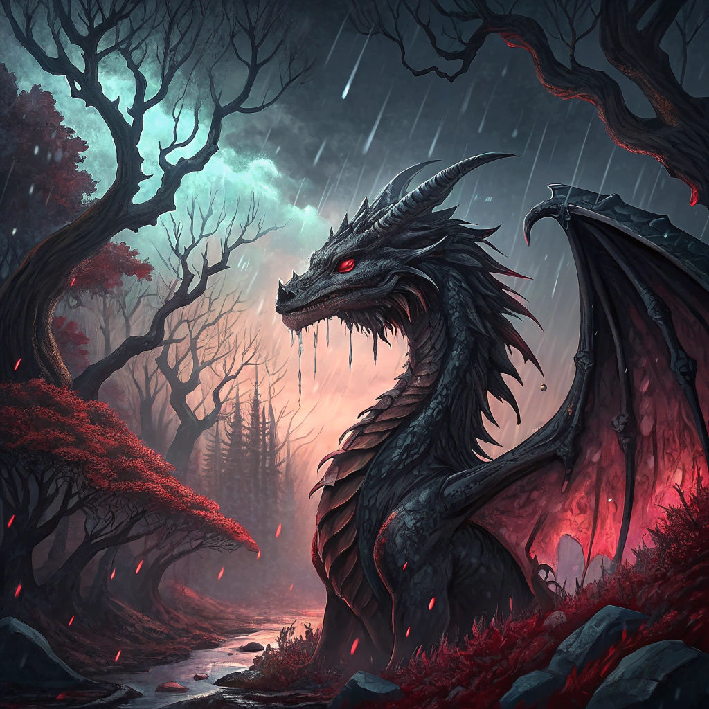 Ebony Dragon in Dark Realm: Detailed Matte Painting
