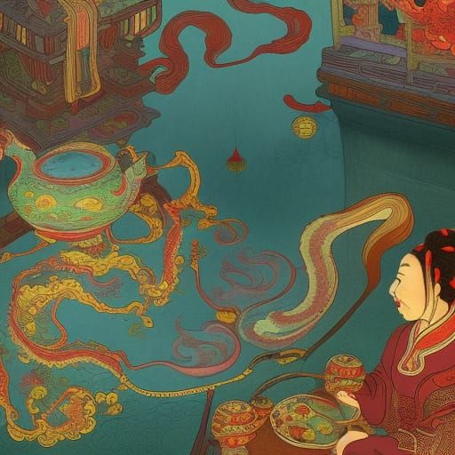Chinese Tale Illustration in Detailed Matte Painting Style