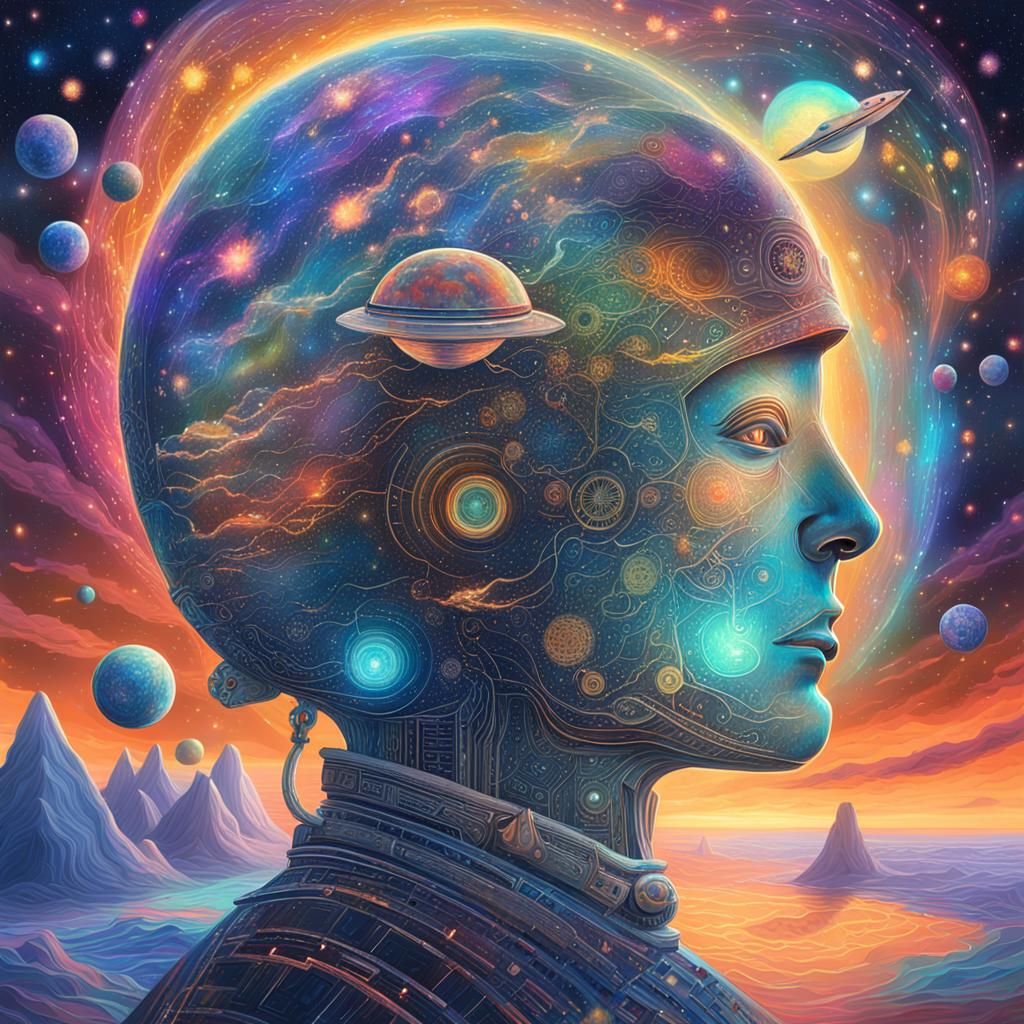 Astral Robots Unite in Cosmic Holographic Illustration