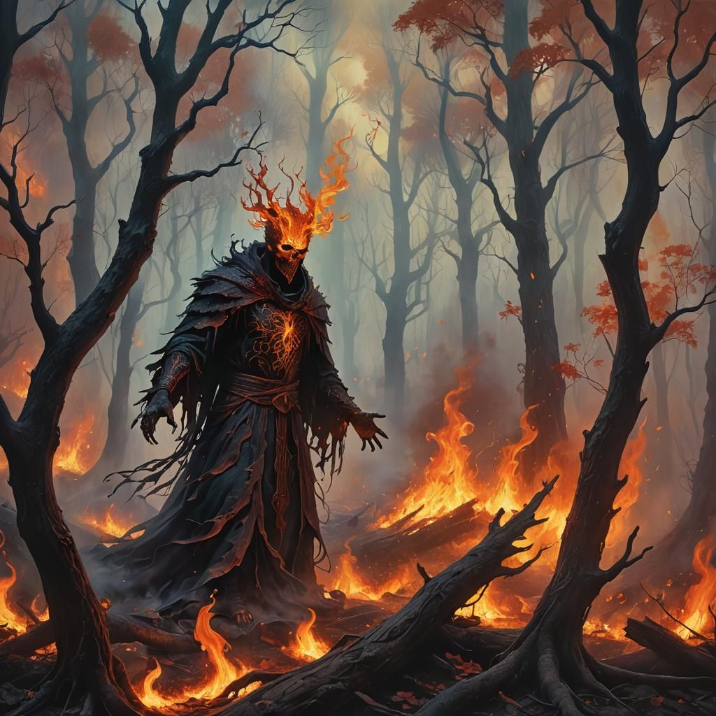 Fiery Specter in Mystical Forest: Oil Painting