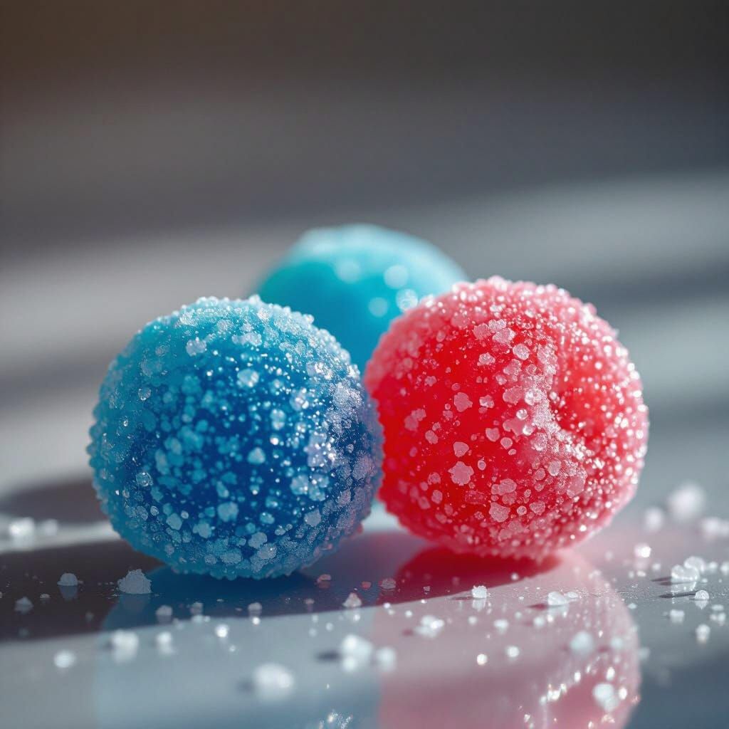 Hyperrealistic Macro Photo of Red and Blue Gumdrops