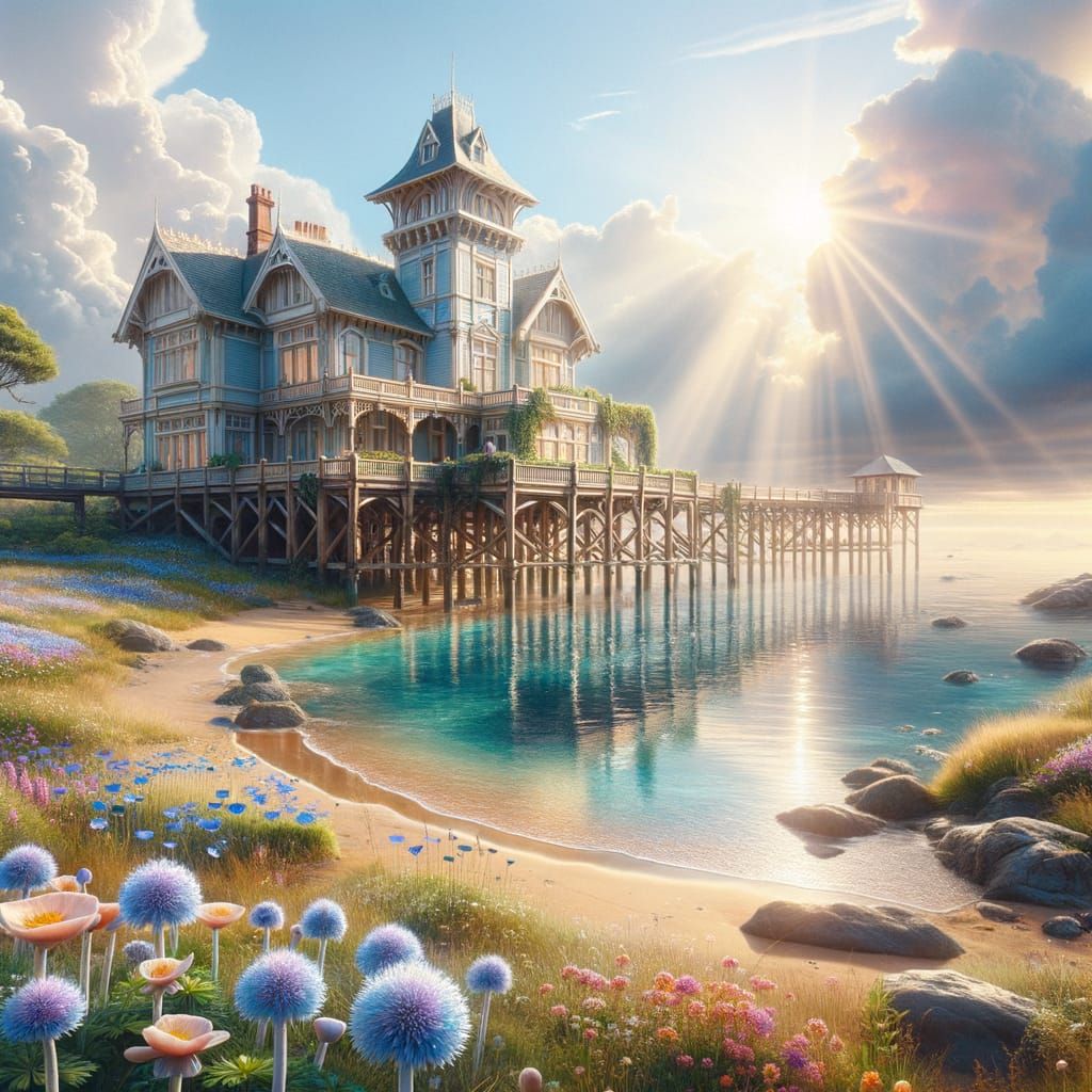 Serenely Set Victorian Mansion by a Peaceful River in Dreamy...