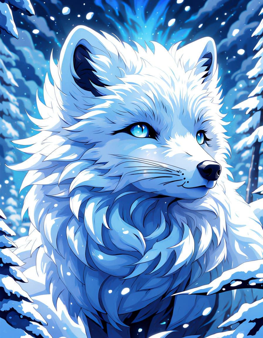 Arctic Fox Braving Blizzard in Vibrant Anime Style