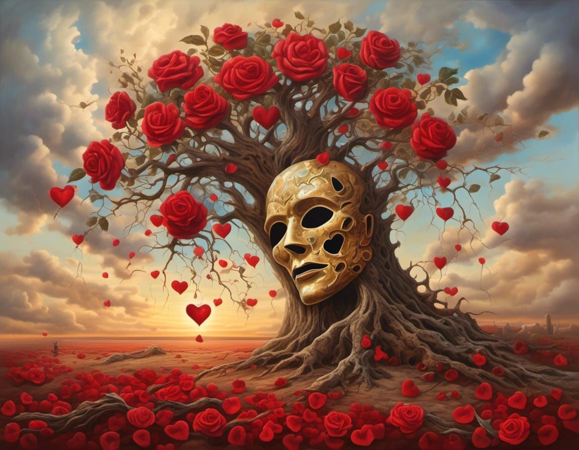 Surreal Mask Fused with Tree in Dreamscape