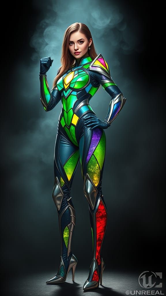 Sleek Stained Glass Superheroine in Futuristic Armor