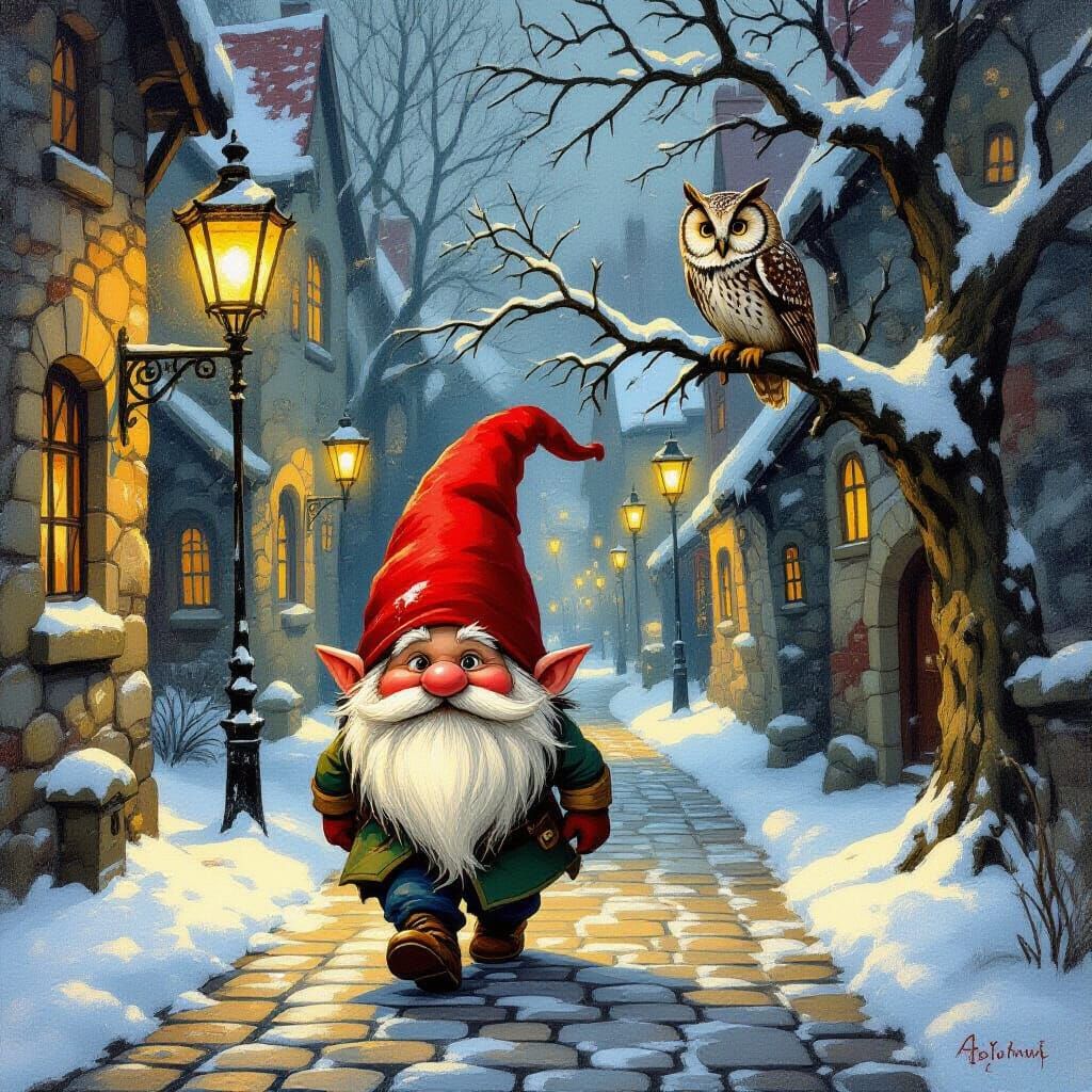 Whimsical Gnome in Snowy Village Oil Painting
