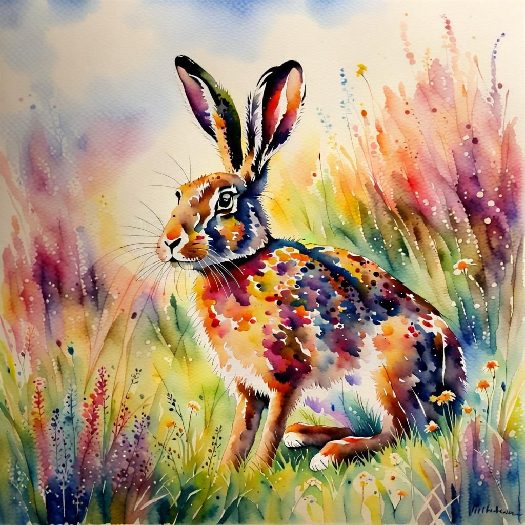 Hare in Vibrant Meadow: Watercolour Kinkade Style