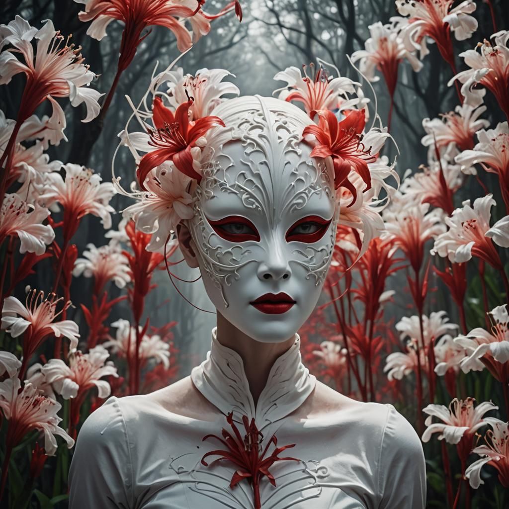 Woman in White Mask with Red Spider Lilies