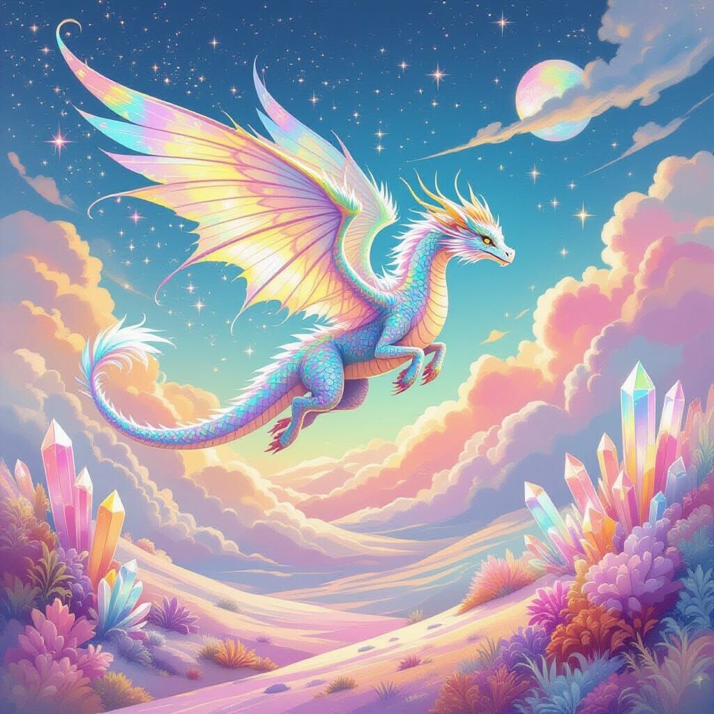Dreamy Feathered Dragon in Surreal Candy-Floss Sky