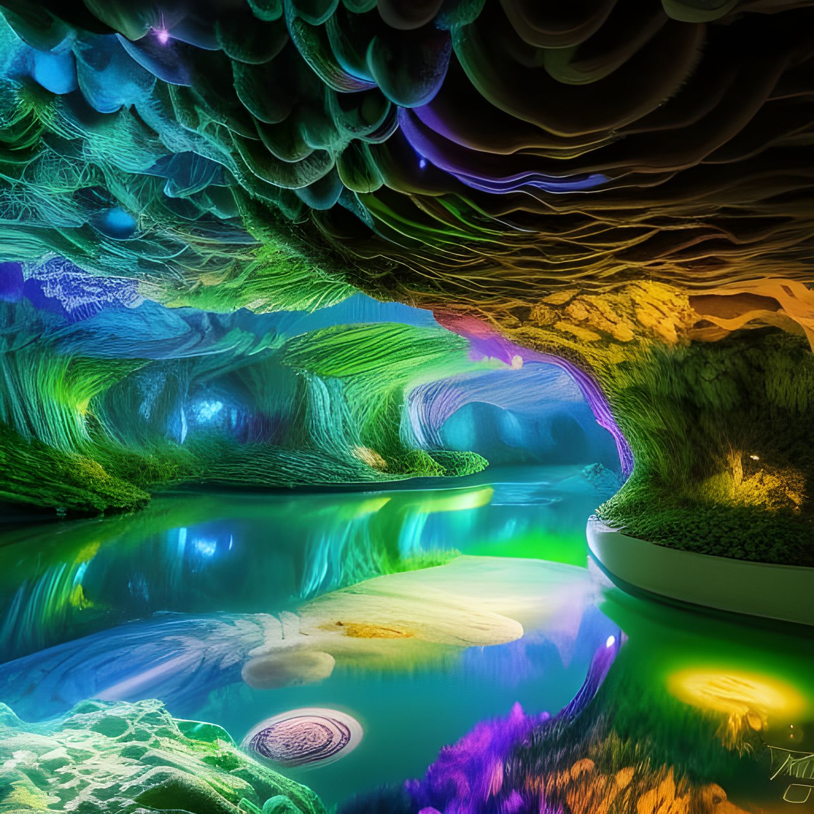 Bioluminescent Mushroom Cave: Ethereal Grotto in Electric Co...