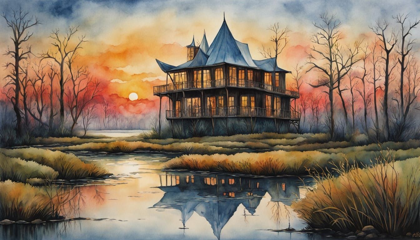 Swamp Sunset with Alligator in Watercolor Style