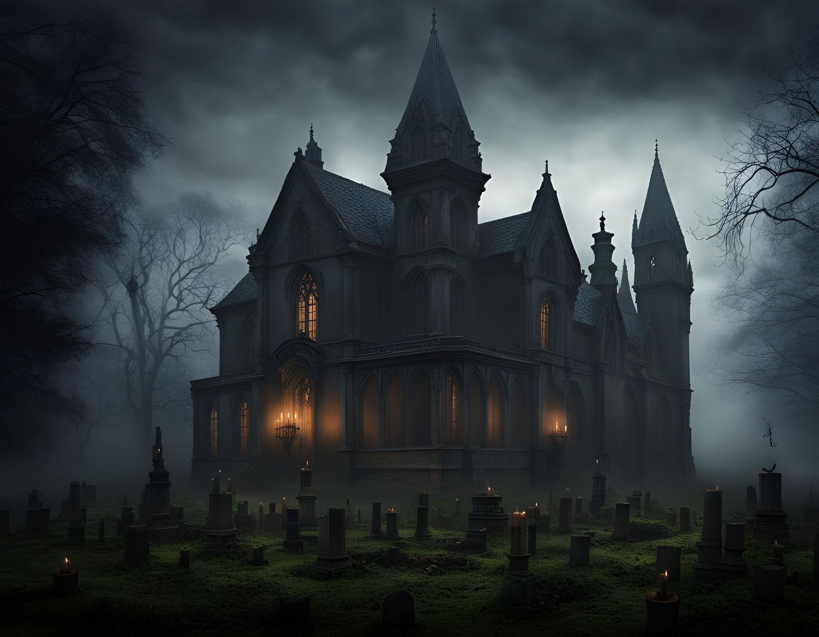 Ominous Gothic Haunted House with Overgrown Garden