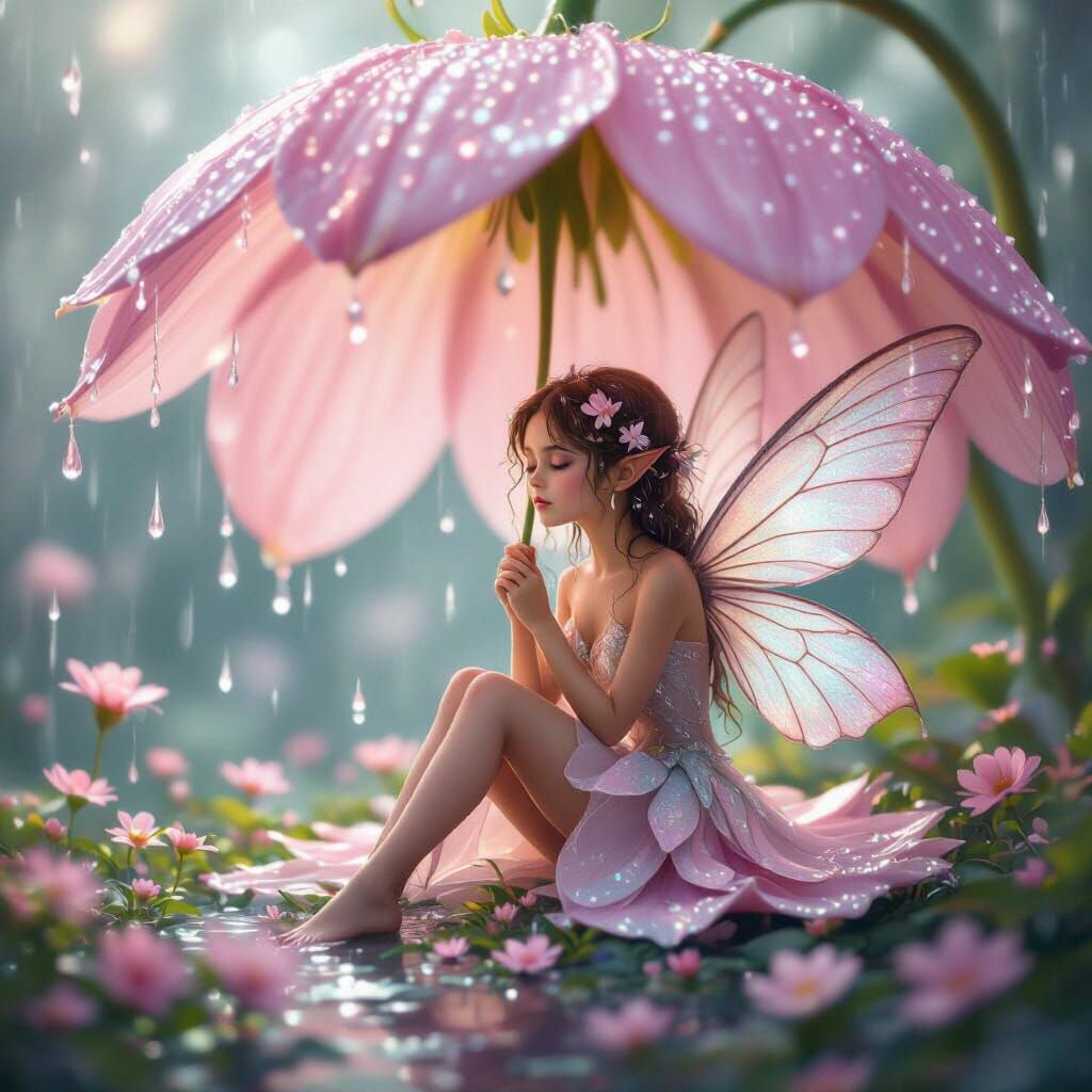 Delicate Fairy Under Pink Flower in Gentle Rain