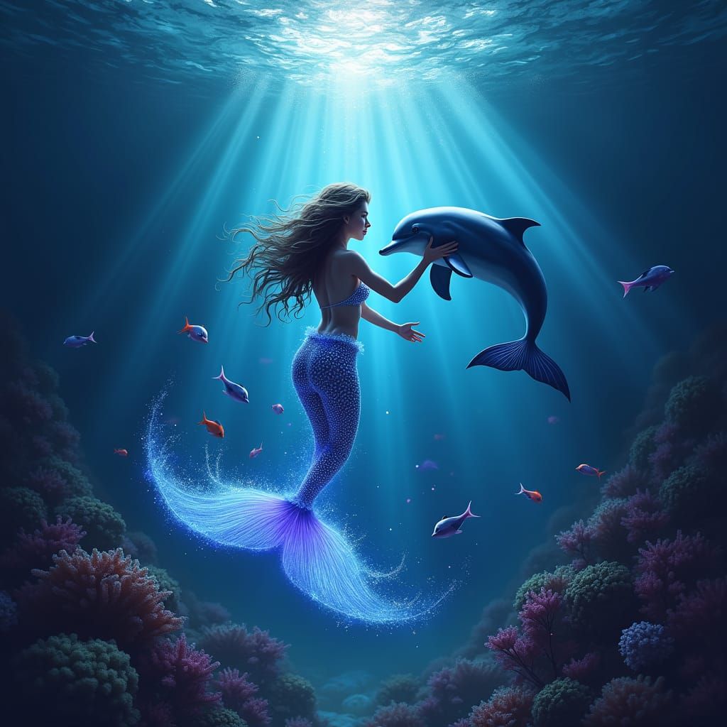 Magical Mermaid and Dolphin Underwater Scene