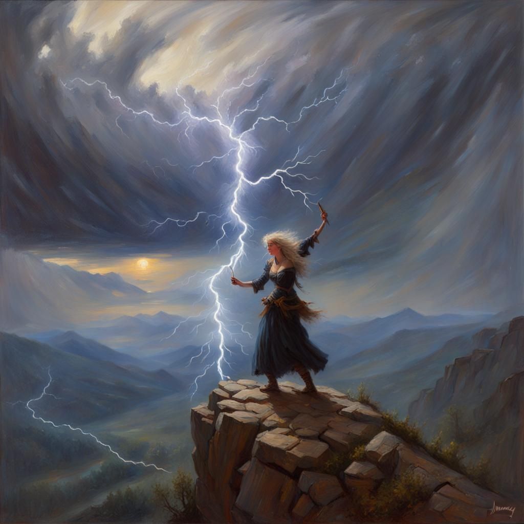 Storm Witch Controls Lightning, Oil Painting