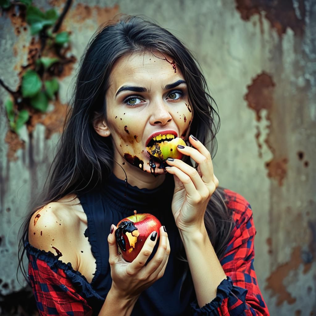 Beautiful woman eating rotting apple