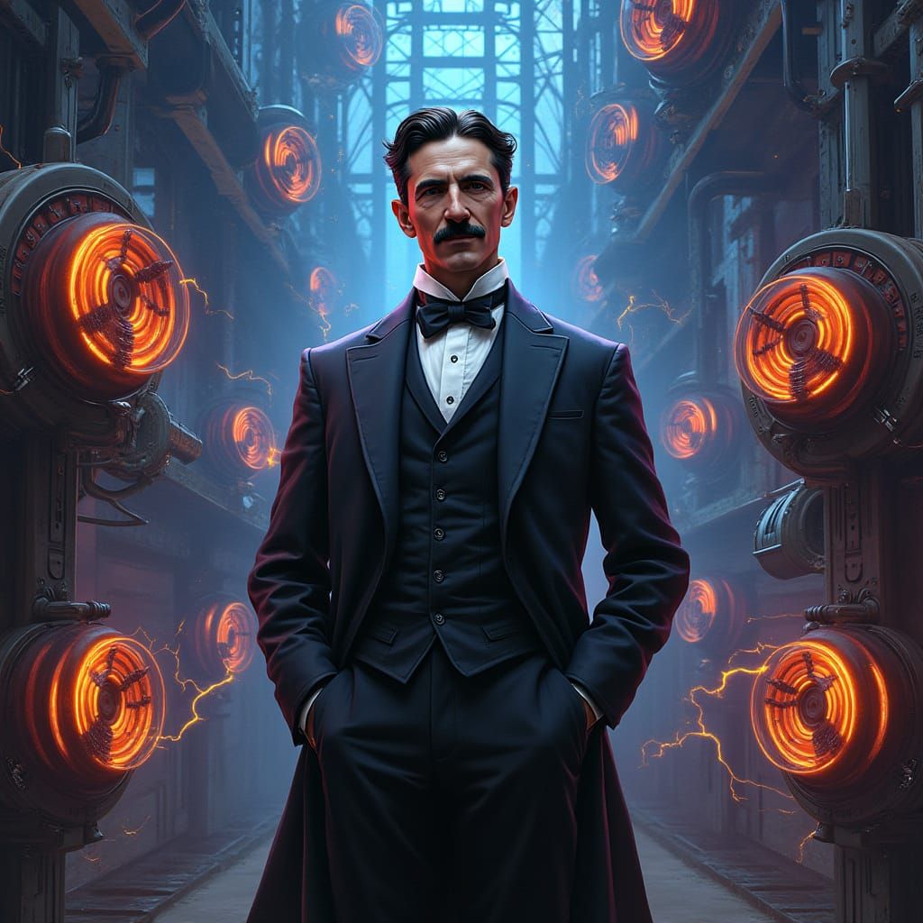 Tesla in Steampunk Setting with Electric Energy