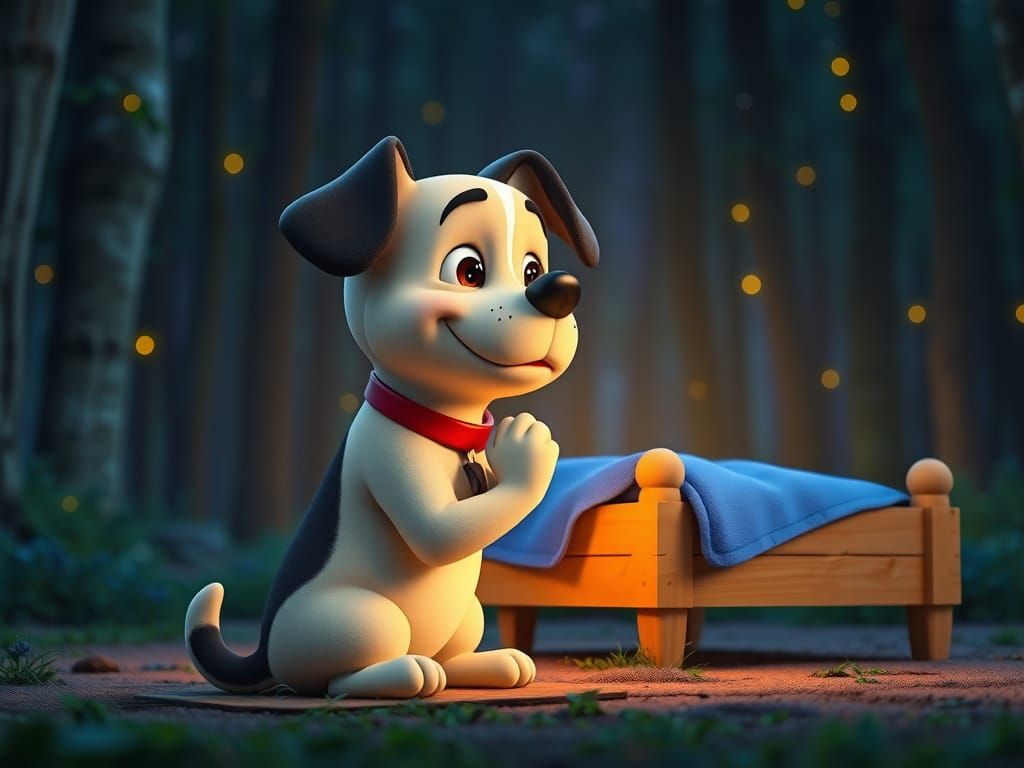 CGI Dog Praying in Magical Forest Night