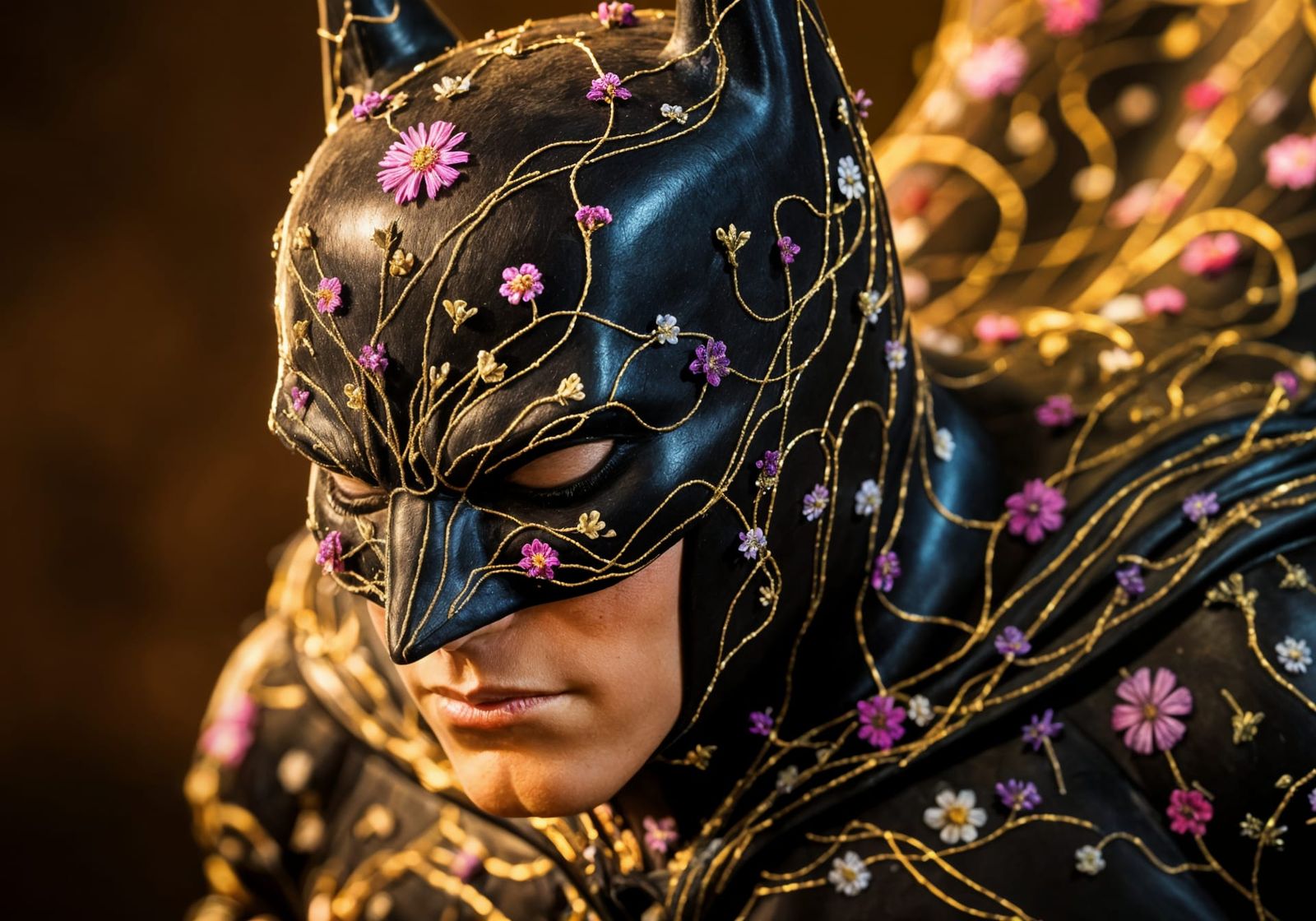Floral Batman in Dark Wood with Gold Threads