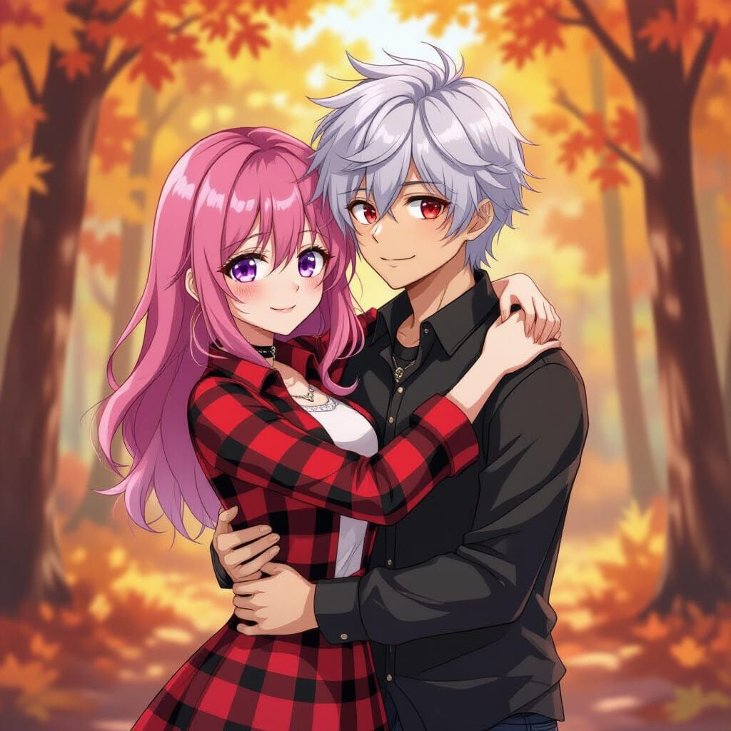 Anime Couple Hugging in Autumn Forest, Alcohol Ink Style