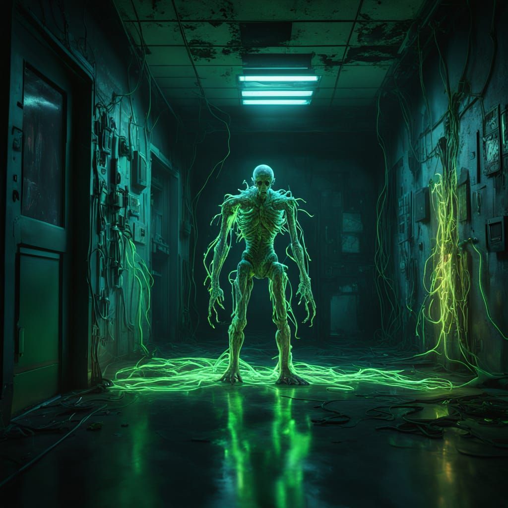 Cinematic Abandoned Laboratory Scene with Glowing Data-Fungu...