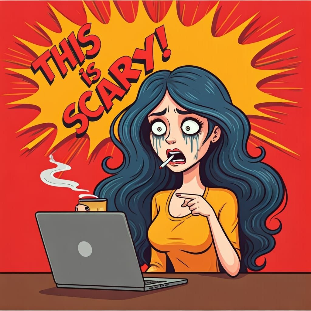 A cartoon woman style of R. CRUMB  with long blue hair at a ...