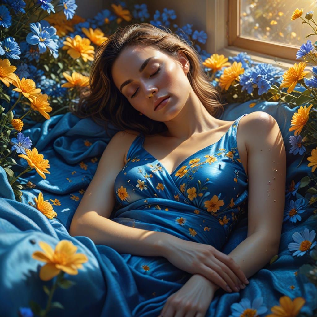 Woman Reclining Among Blue Flowers in Digital Art