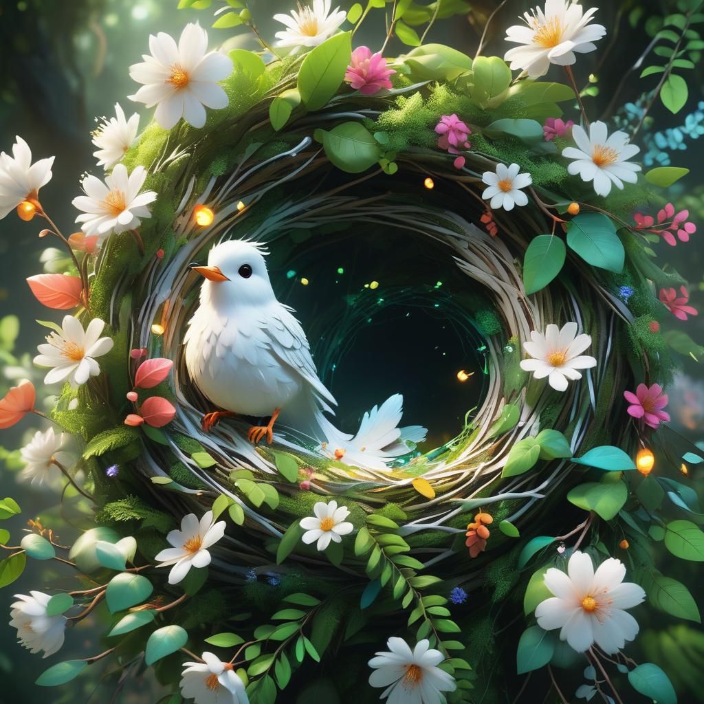 Whimsical Bird's Nest in Lush 3D Digital Art