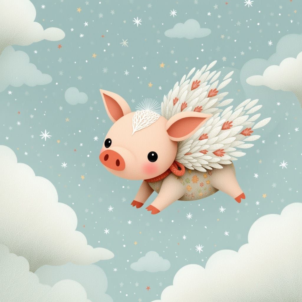 Flying Pig Soaring in Whimsical Miyazaki Style