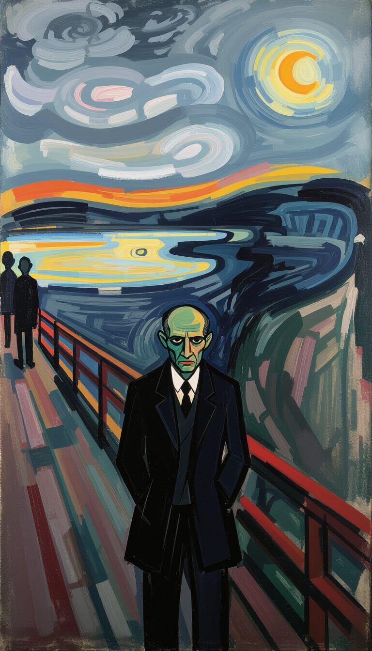 Melancholic Figure in Dreamlike Landscape