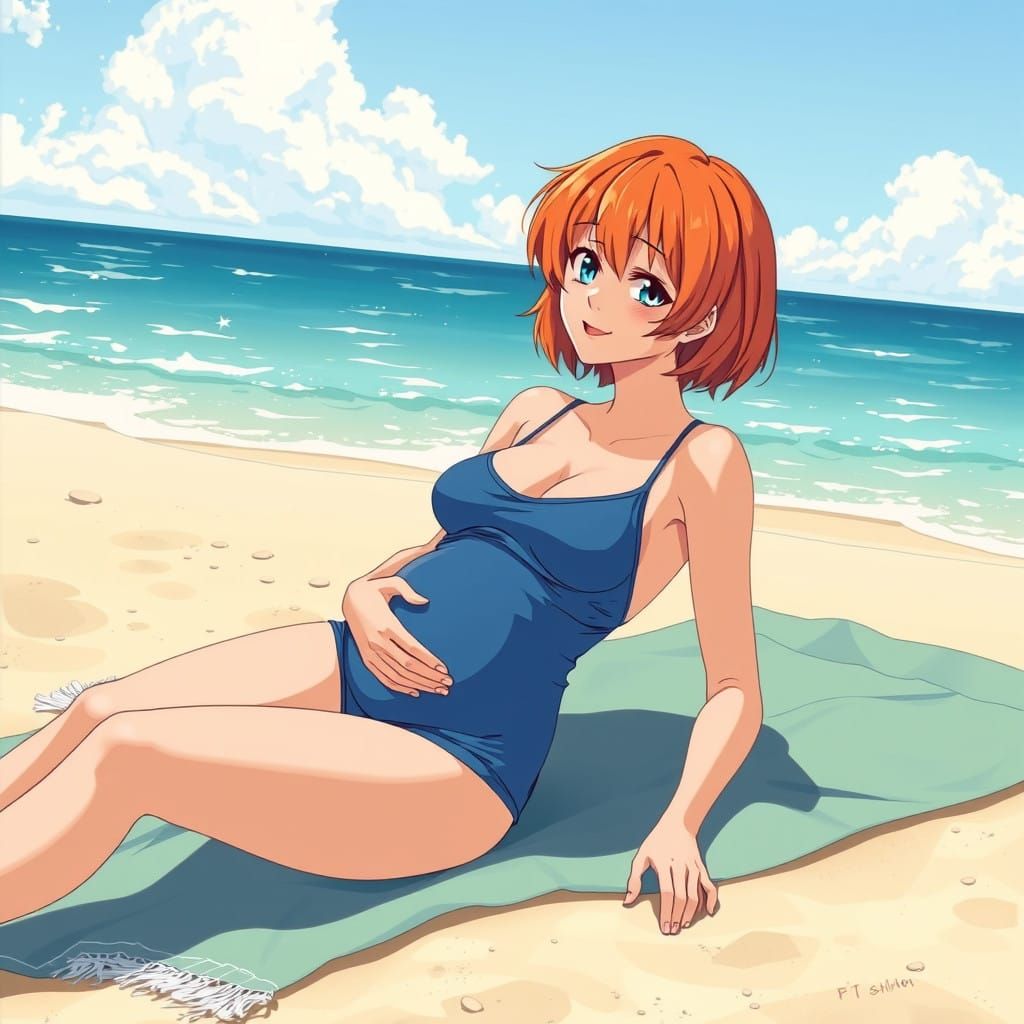Pregnant Beach Goddess in Vibrant Orange Hair and Blue Swims...