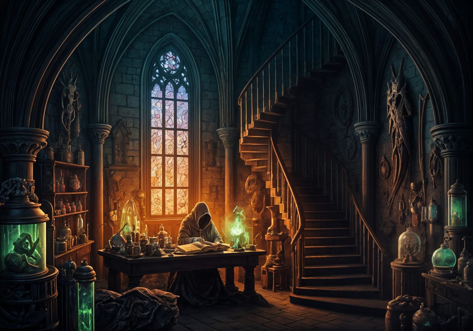 Gothic Alchemist's Tower Interior with Arcane Apparatus