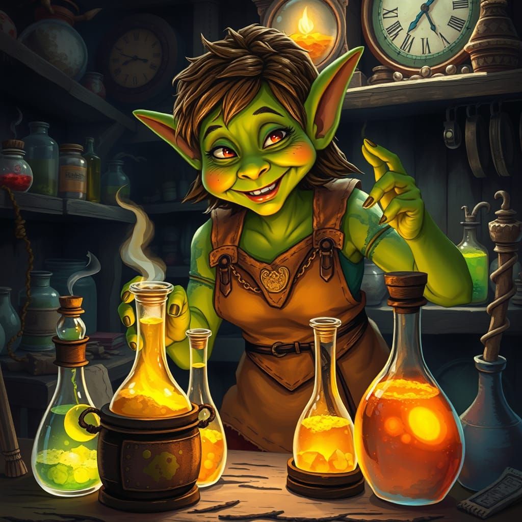 Cheerful Goblin Alchemist with Magical Potions