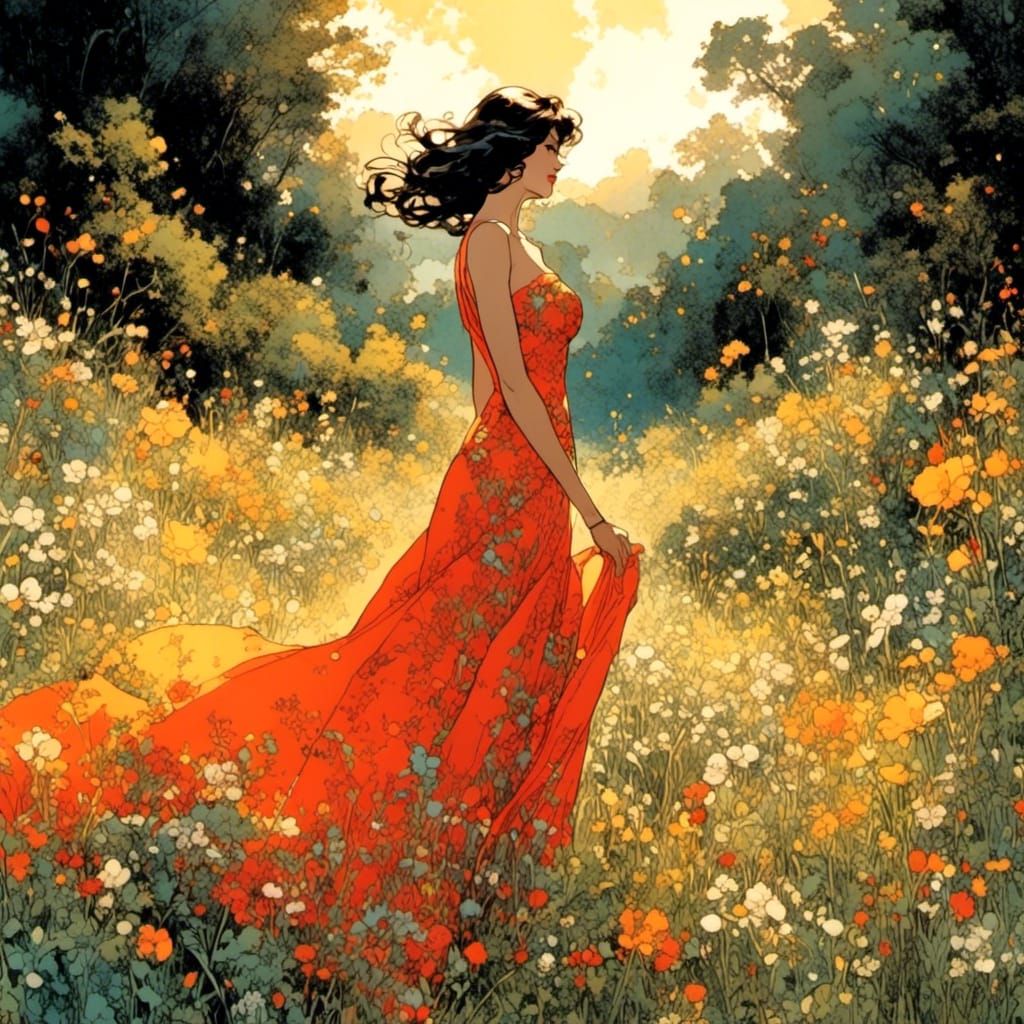 Elegant Woman in Wildflower Field, Guido Crepax Style